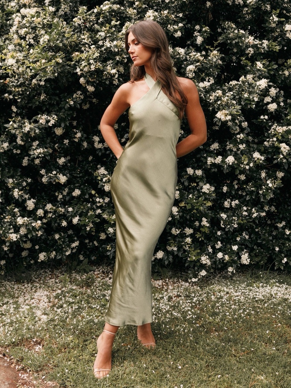 NWT Petal & Pup Grasie Midi Dress Olive Satin Halter Maxi Dress Size 0